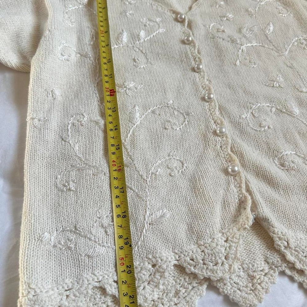 Vintage 90s Dana Scott Pearl Button Short Sleeve Lace Embroidered Cardigan Small - Picture 6 of 6